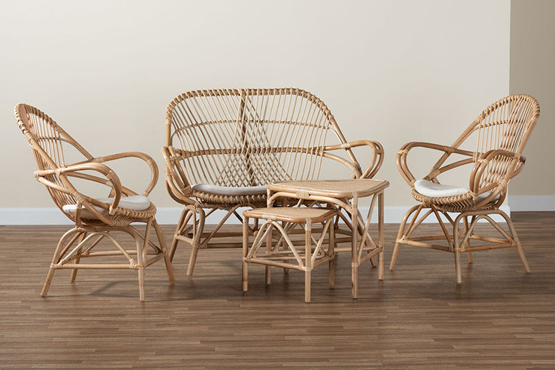 Nissa White Fabric Natural Brown Finished Rattan 5-Piece Living Room Set Baxton