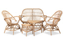Nissa White Fabric Natural Brown Finished Rattan 5-Piece Living Room Set Baxton