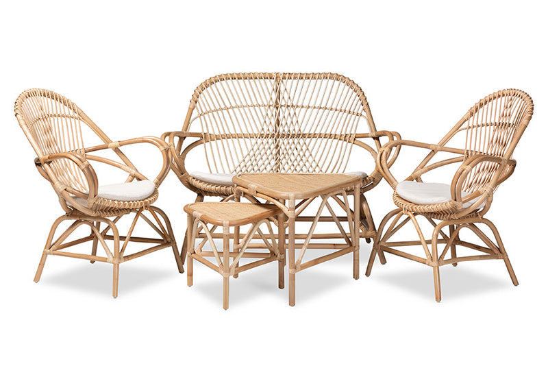 Nissa White Fabric Natural Brown Finished Rattan 5-Piece Living Room Set Baxton