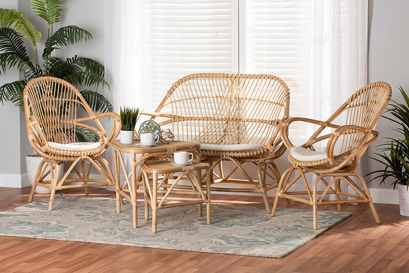 Nissa Modern Bohemian White Fabric Upholstered and Natural Brown Finished Rattan 5-Piece Living Room Set