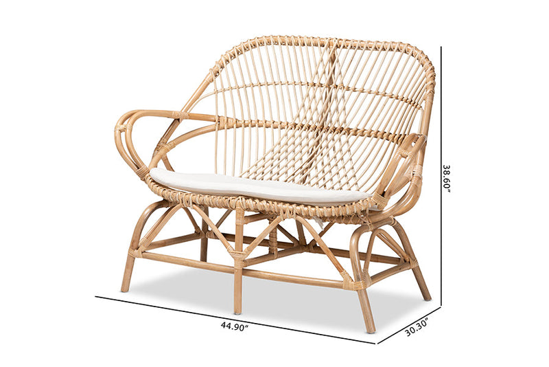 Nissa White Fabric Upholstered and Natural Brown Finished Rattan Loveseat Baxton