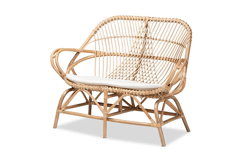 Nissa White Fabric Upholstered and Natural Brown Finished Rattan Loveseat Baxton