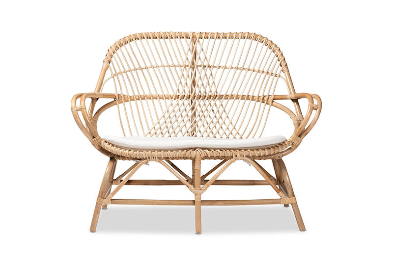 Nissa White Fabric Upholstered and Natural Brown Finished Rattan Loveseat Baxton