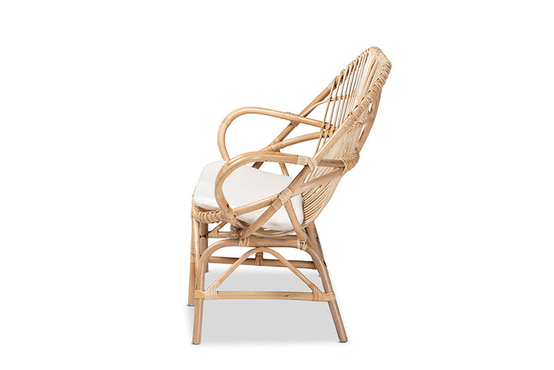 Nissa White Fabric Upholstered and Natural Brown Finished Rattan Loveseat Baxton