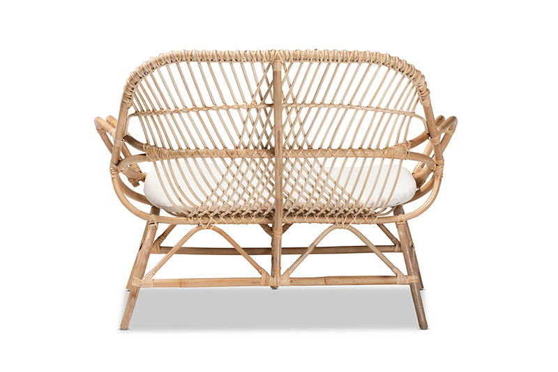 Nissa Modern Bohemian White Fabric Upholstered and Natural Brown Finished Rattan Loveseat