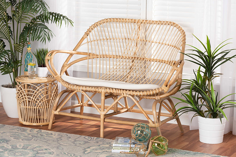 Nissa Modern Bohemian White Fabric Upholstered and Natural Brown Finished Rattan Loveseat