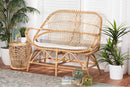 Nissa White Fabric Upholstered and Natural Brown Finished Rattan Loveseat Baxton