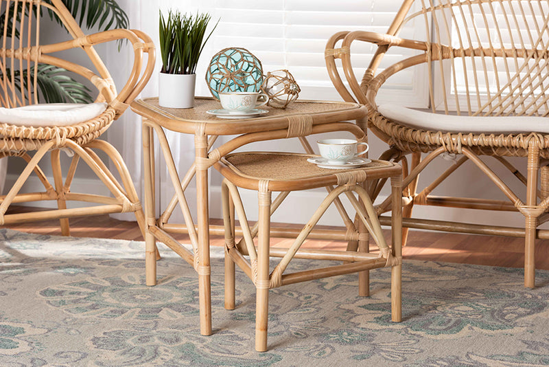 Nissa Modern Bohemian Natural Brown Finished Rattan 2-Piece End Table Set