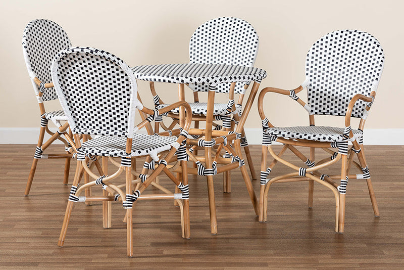 Katina Black and White Plastic and Natural Brown Rattan 5-Piece Bistro Set Baxton
