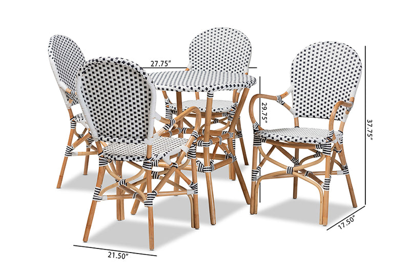 Katina Classic French Black and White Plastic and Natural Brown Rattan 5-Piece Indoor and Outdoor Bistro Set