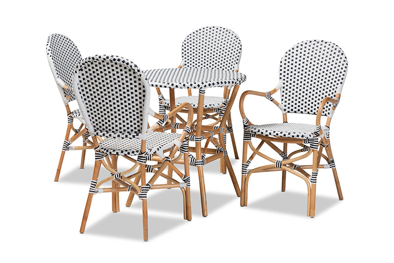 Katina Classic French Black and White Plastic and Natural Brown Rattan 5-Piece Indoor and Outdoor Bistro Set