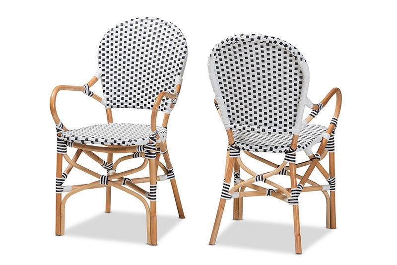 Katina Classic French Black and White Weaving and Natural Brown Rattan 2-Piece Indoor and Outdoor Bistro Chair Set