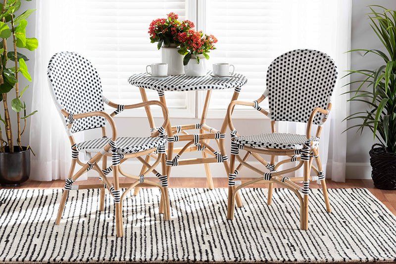 Katina Classic French Black and White Weaving and Natural Brown Rattan 2-Piece Indoor and Outdoor Bistro Chair Set