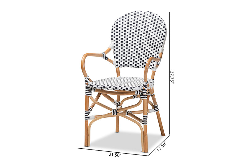 Katina Classic French Black and White Weaving and Natural Brown Rattan 2-Piece Indoor and Outdoor Bistro Chair Set