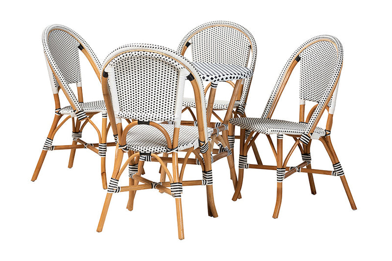 Barnes Black and White Weaving and Natural Brown Rattan 5-Piece Bistro Set Baxton