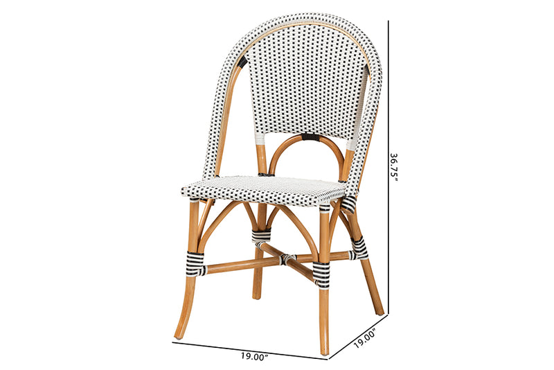 Barnes Classic French Black and White Weaving and Natural Brown Rattan Indoor and Outdoor Bistro Chair