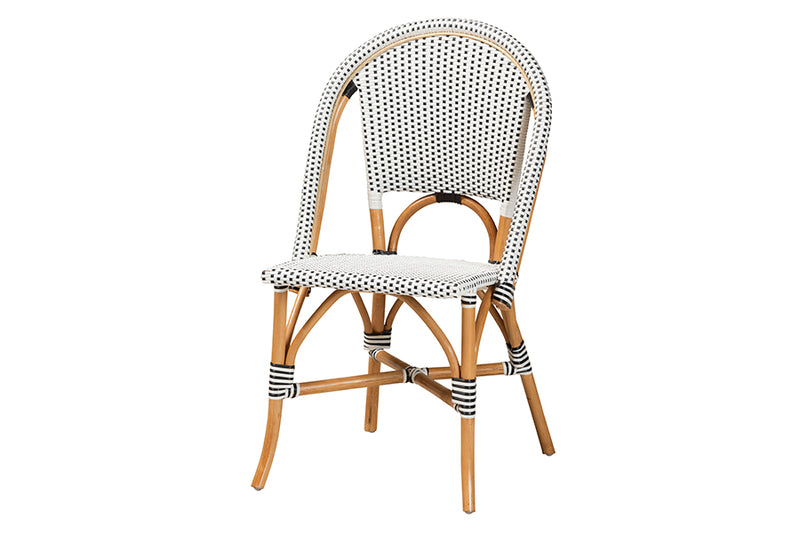 Barnes Classic French Black and White Weaving and Natural Brown Rattan Indoor and Outdoor Bistro Chair