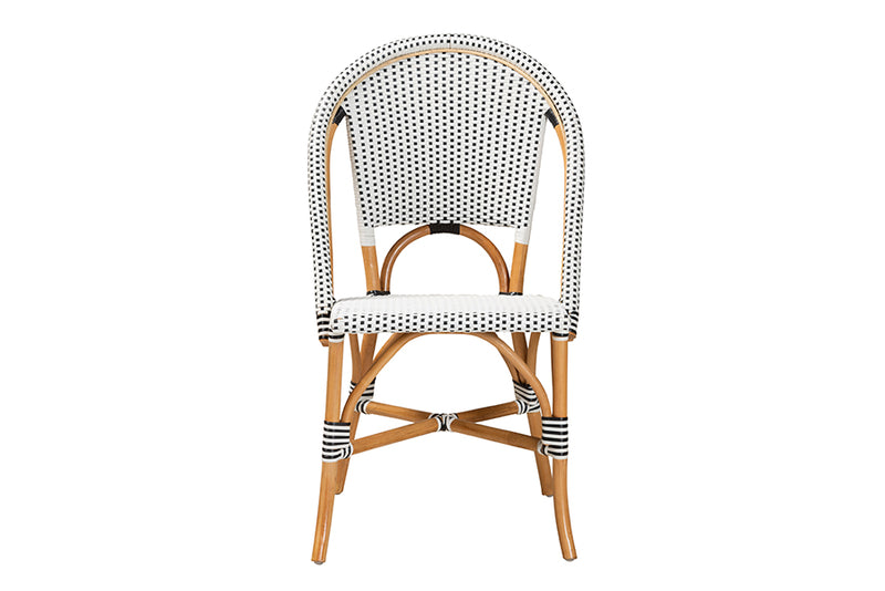 Barnes Classic French Black and White Weaving and Natural Brown Rattan Indoor and Outdoor Bistro Chair