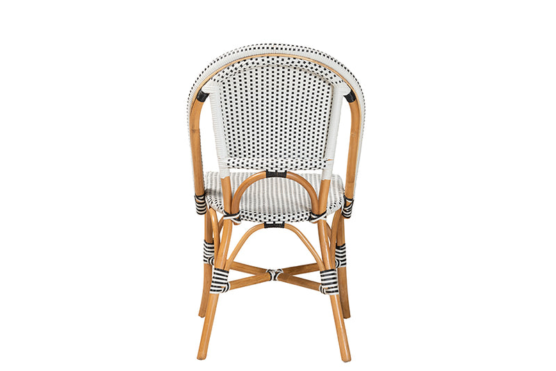 Barnes Classic French Black and White Weaving and Natural Brown Rattan Indoor and Outdoor Bistro Chair