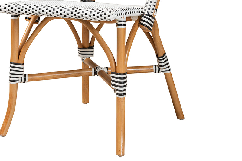 Barnes Classic French Black and White Weaving and Natural Brown Rattan Indoor and Outdoor Bistro Chair