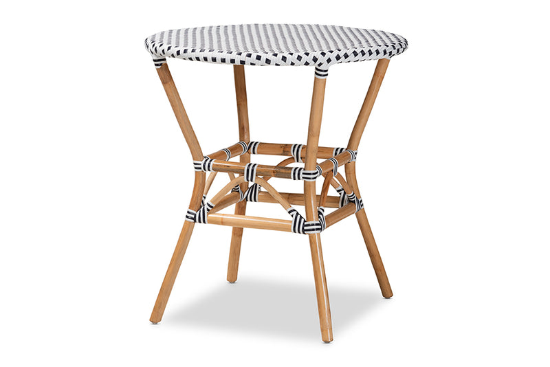 Thurman Classic French Black and White Weaving and Natural Brown Rattan Indoor and Outdoor Bistro Table