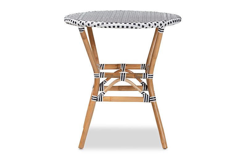 Thurman Classic French Black and White Weaving and Natural Brown Rattan Indoor and Outdoor Bistro Table