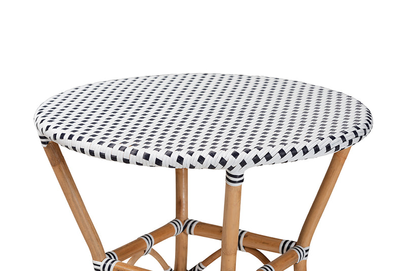 Thurman Classic French Black and White Weaving and Natural Brown Rattan Indoor and Outdoor Bistro Table