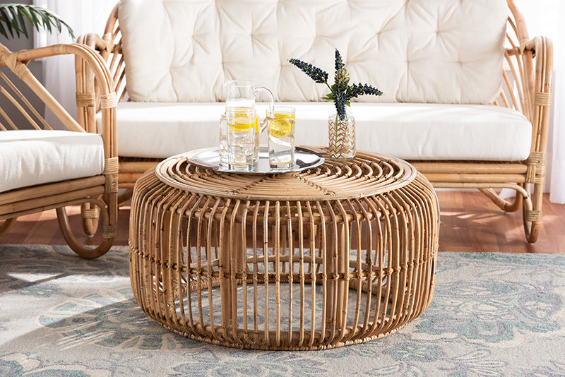 Mathias Modern Bohemian Natural Brown Antique Rattan Coffee Table