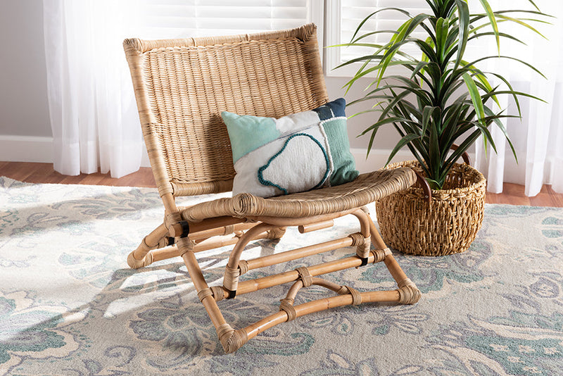 Liona Natural Brown Antique Rattan Foldable Lounge Chair Baxton