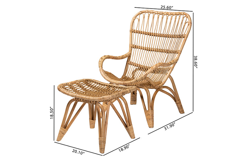 Reina Modern Bohemian Natural Brown Rattan 2-Piece Armchair and Footstool Set