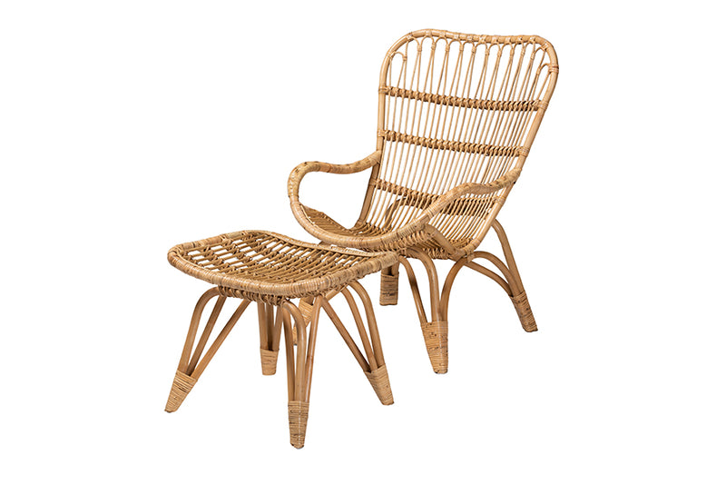 Reina Modern Bohemian Natural Brown Rattan 2-Piece Armchair and Footstool Set