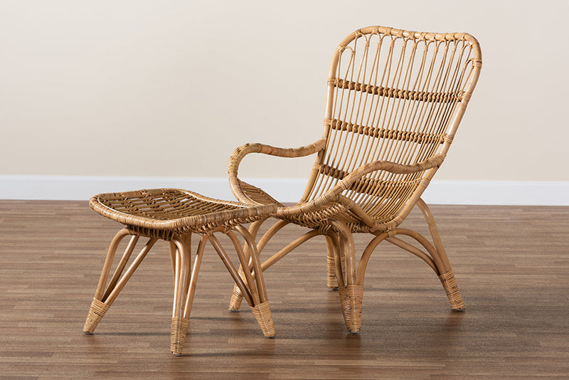 Reina Natural Brown Rattan 2Pc Armchair and Footstool Set Baxton