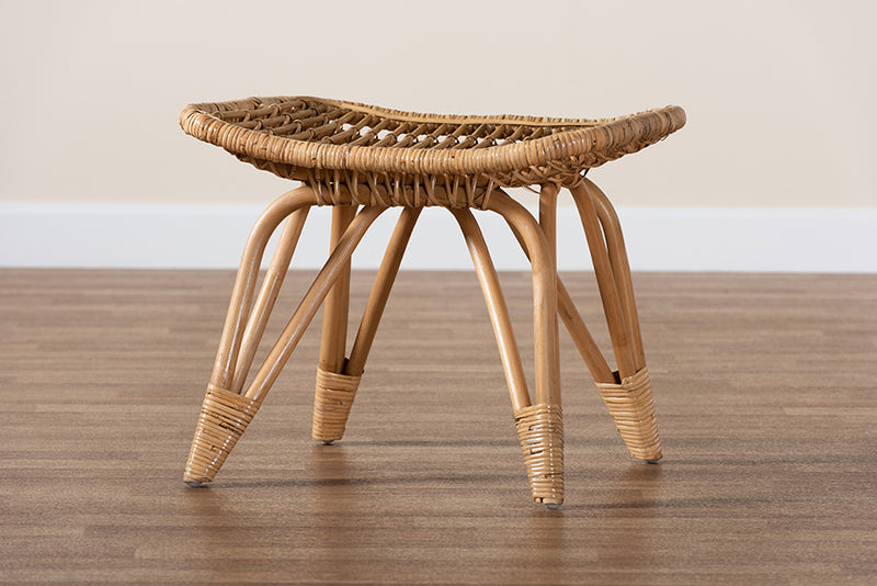 Reina Modern Bohemian Natural Brown Rattan Footstool