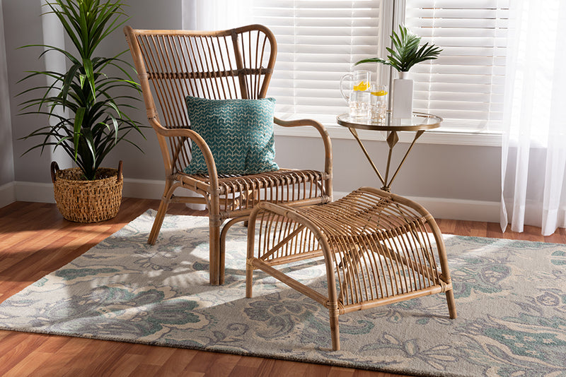 Melodie Modern Bohmenian Natural Brown Antique Rattan 2-Piece Chair and Footstool Set