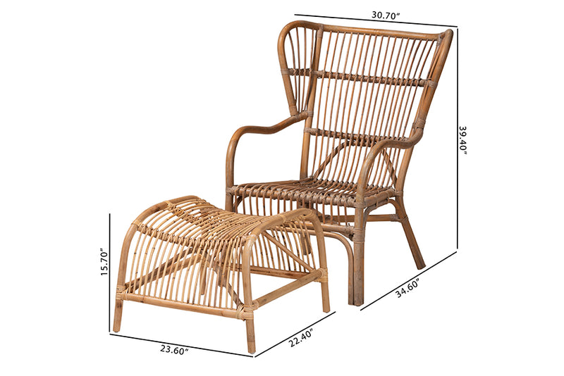 Melodie Modern Bohmenian Natural Brown Antique Rattan 2-Piece Chair and Footstool Set