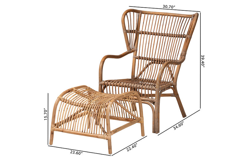Melodie Natural Brown Antique Rattan 2Pc Chair and Footstool Set Baxton