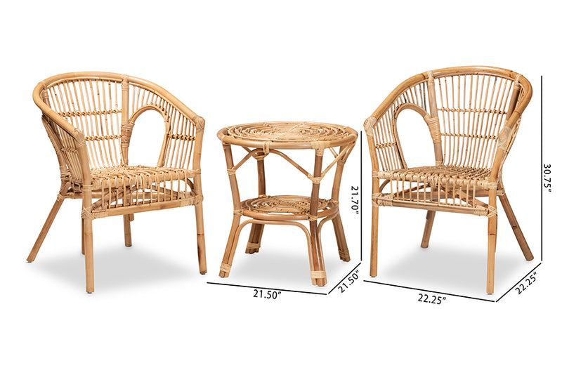 Dauphine Modern Bohemian Natural Brown Rattan 3-Piece Living Room Set