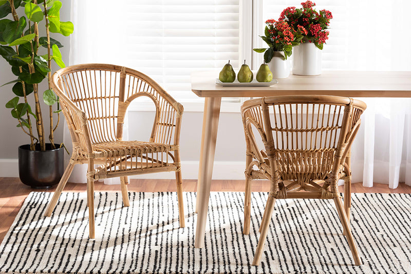 Dauphine Modern Bohemian Natural Brown Rattan 2-Piece Dining Chair Set