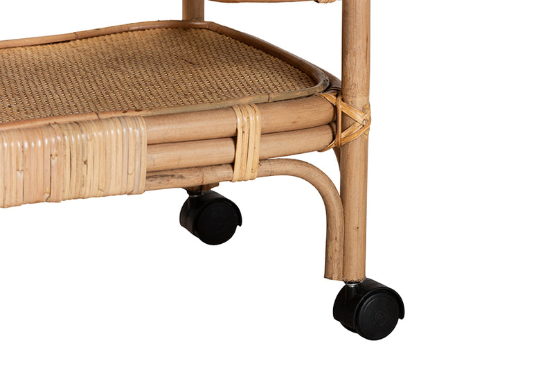 Reegan Modern Bohemian Natural Brown Rattan Wine Cart