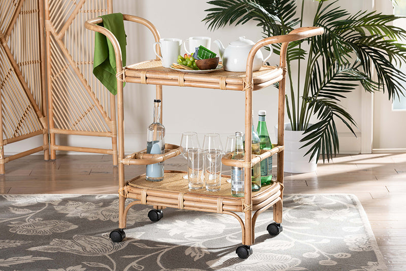 Reegan Modern Bohemian Natural Brown Rattan Wine Cart