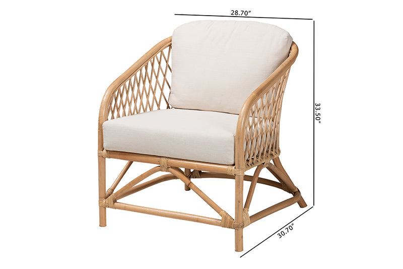 Suci Modern Bohemian White Fabric and Natural Brown Rattan Armchair