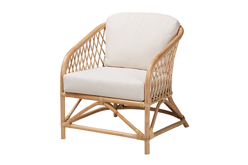 Suci Modern Bohemian White Fabric and Natural Brown Rattan Armchair