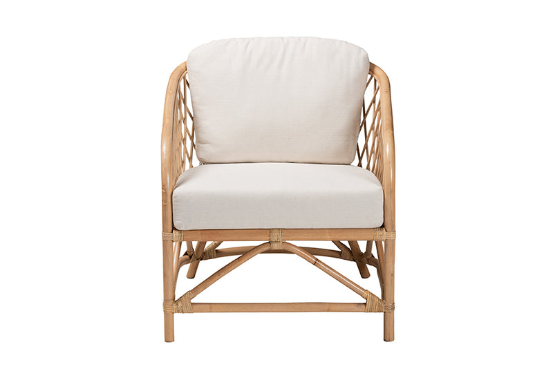 Suci Modern Bohemian White Fabric and Natural Brown Rattan Armchair