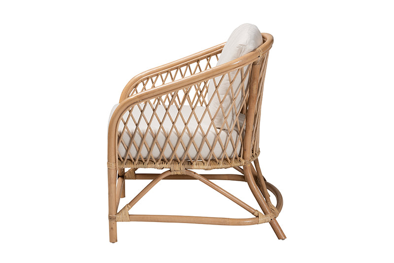 Suci Modern Bohemian White Fabric and Natural Brown Rattan Armchair