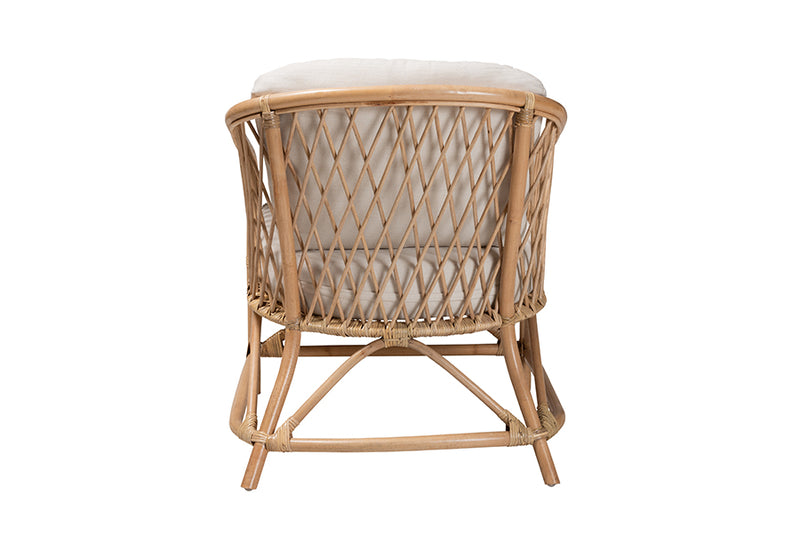 Suci Modern Bohemian White Fabric and Natural Brown Rattan Armchair