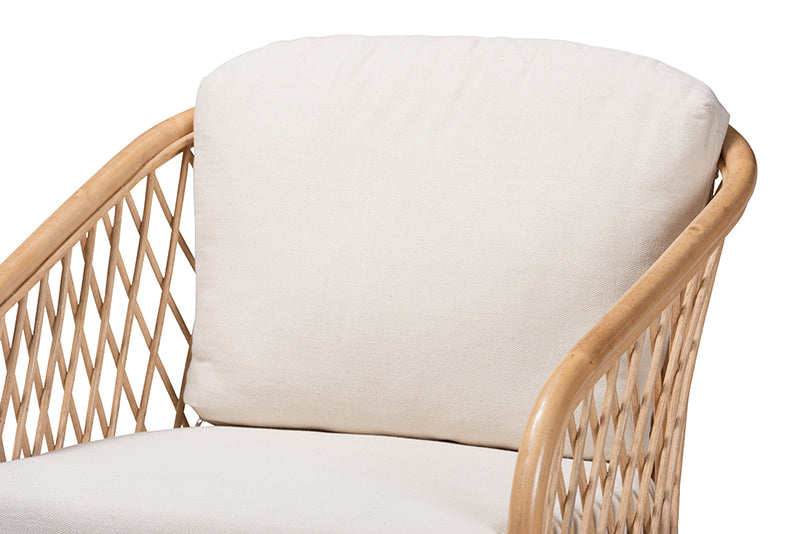 Suci Modern Bohemian White Fabric and Natural Brown Rattan Armchair