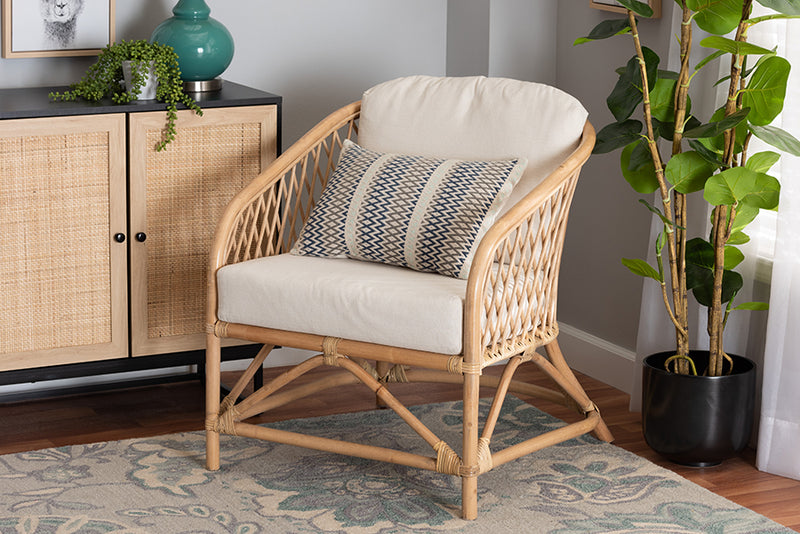 Suci Modern Bohemian White Fabric and Natural Brown Rattan Armchair