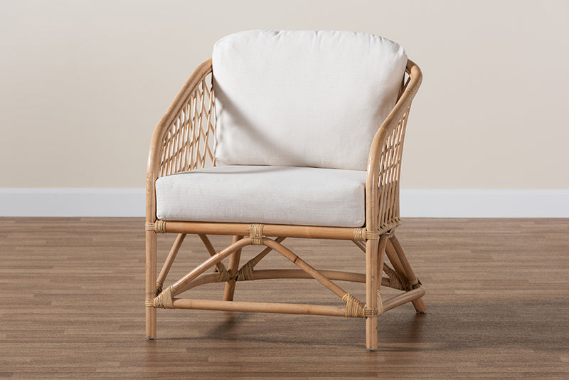 Suci Modern Bohemian White Fabric and Natural Brown Rattan Armchair