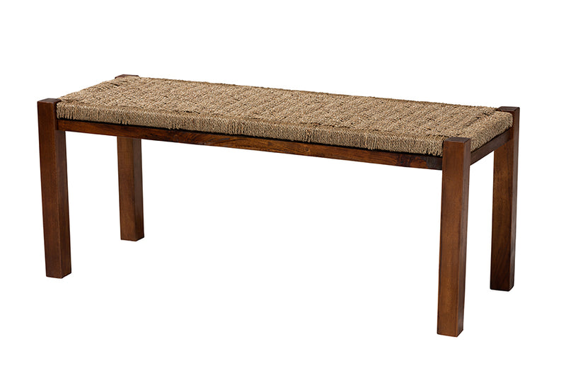 Calvetti Mid-Century Natural Seagrass and Mahogany Wood Bench