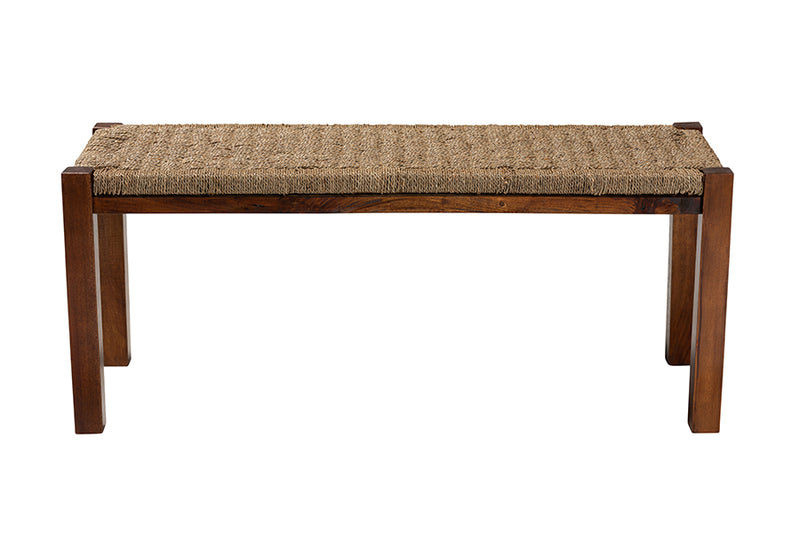 Calvetti Mid-Century Natural Seagrass and Mahogany Wood Bench